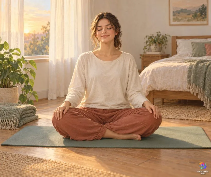 Left eye twitching during meditation: a young woman meditating calmly on a mat in soft sunrise light