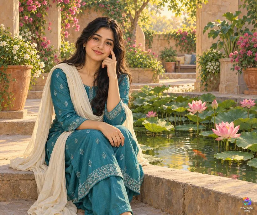 Left eye twitching for females: a young Indian woman by a lotus pond at dawn with a hopeful smile