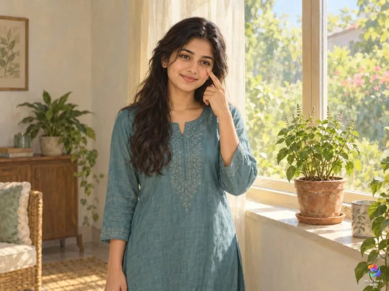 Left eye twitching spiritual meaning: a young woman smiles by a sunlit window, a fingertip near her left eye