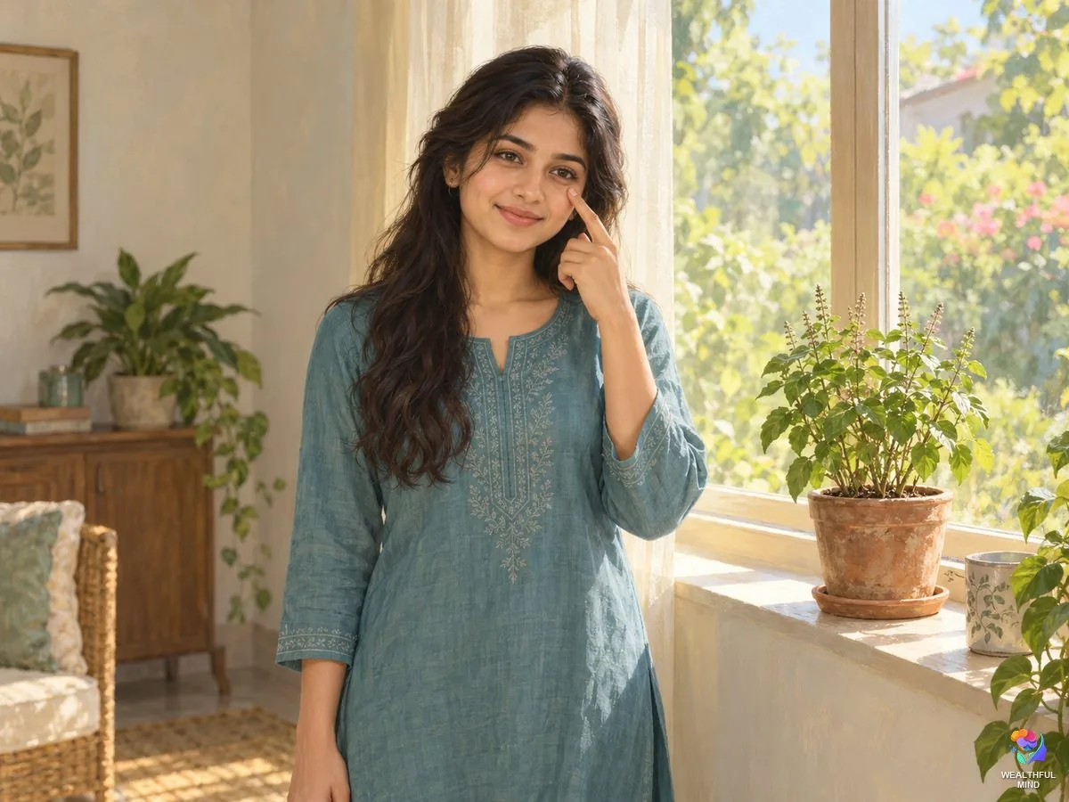 Left eye twitching spiritual meaning: a young woman smiles by a sunlit window, a fingertip near her left eye