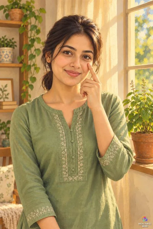 Left eye twitching spiritual meaning: a young woman by a sunny window touches near her left eye and smiles