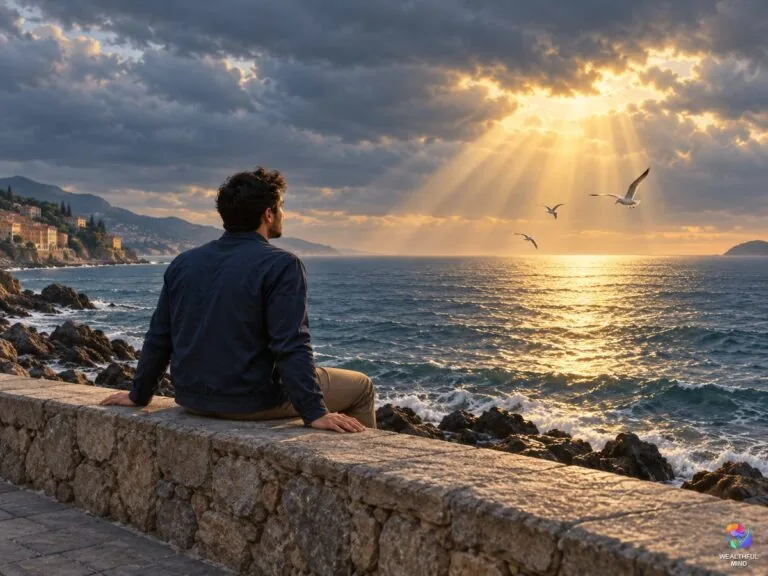 When life sucks: a young man on a seaside wall watches sunlight break through grey clouds over the water
