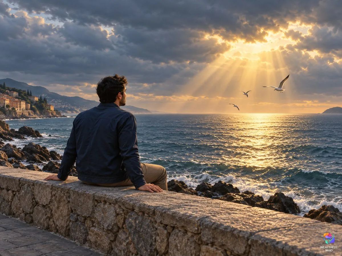 When life sucks: a young man on a seaside wall watches sunlight break through grey clouds over the water