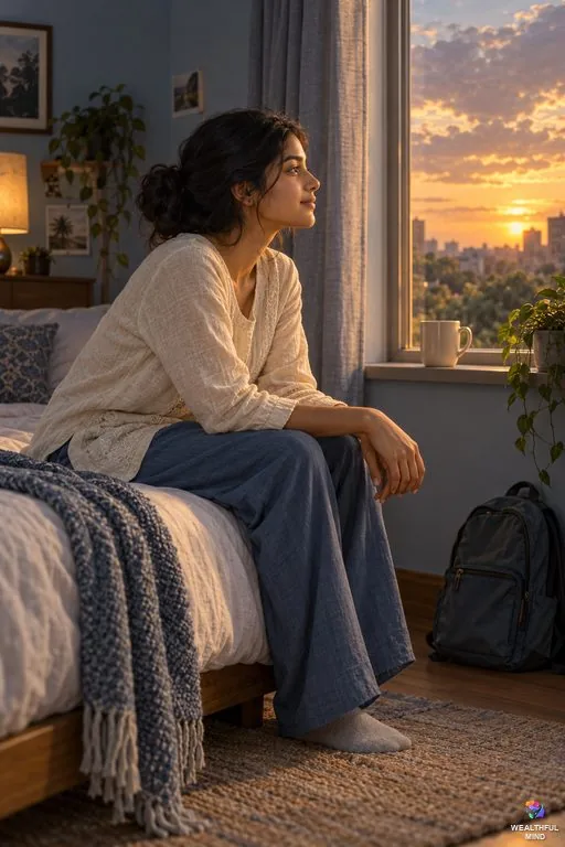 Life sucks some days: a tired young woman sits on her bed as warm sunset light breaks through grey clouds