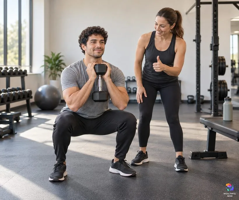 Lift weights to take care of your body: a young man doing a goblet squat as an instructor checks his form