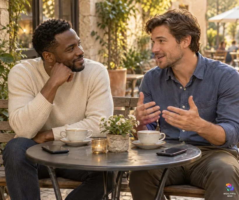 Listen more than you speak: a man leaning in to listen closely as his friend talks over tea