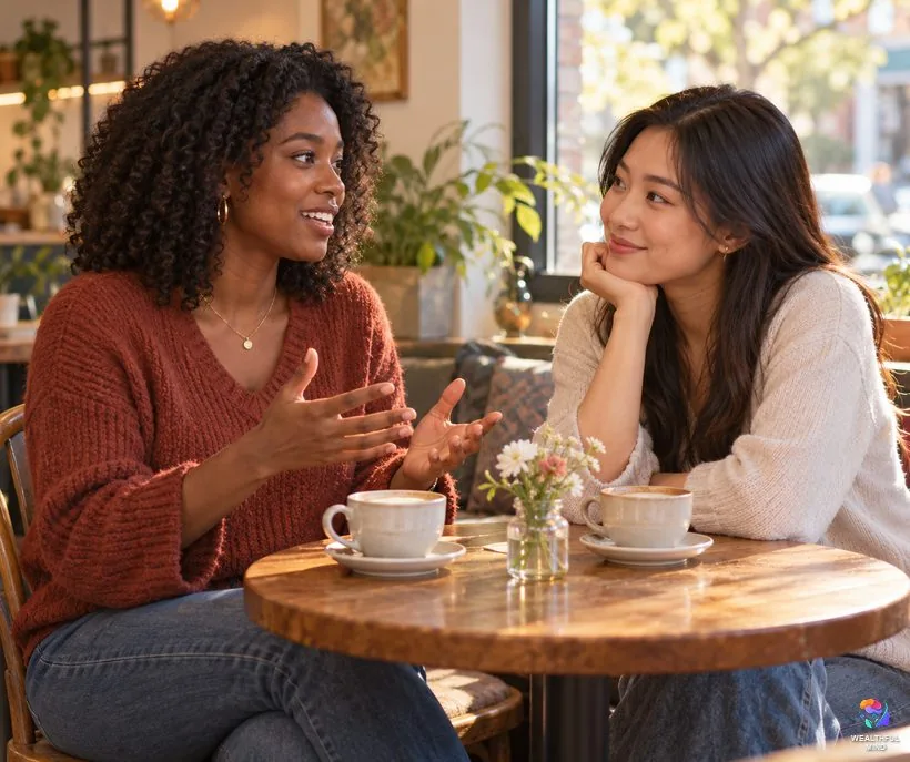 Listen to understand, not to reply: a young woman listening closely while her friend talks at a cafe table