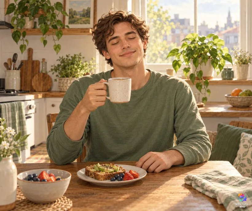 Living in the end for shifting: a young man pausing at breakfast with eyes closed, calmly feeling he is already in his desired reality