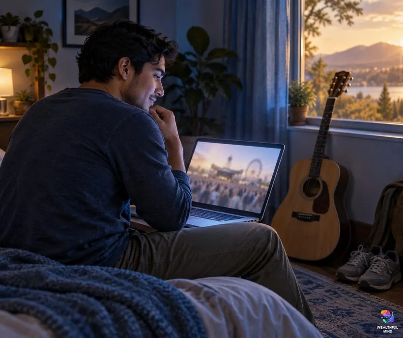 When living vicariously goes too far: a young man watching other people's lives on a laptop while his guitar and running shoes sit unused