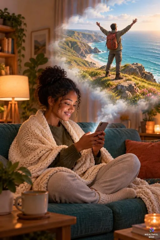Living vicariously: a young woman on her sofa enjoying a friend's hiking trip through her phone