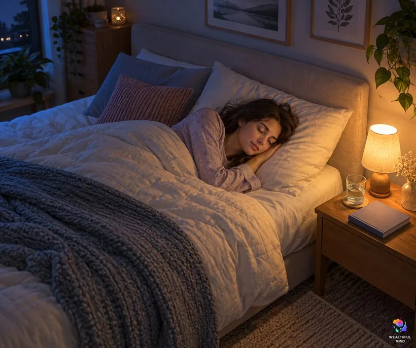 How to try the lucid dream method safely: a young woman sleeping peacefully on her side in a calm bedroom