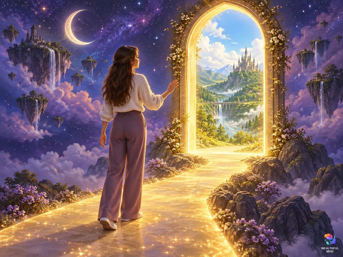 Lucid dream method shifting: a young woman in a lucid dream reaching for a glowing doorway to her desired reality