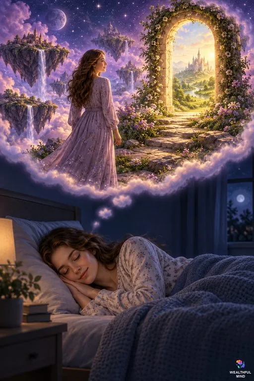 Lucid dream method shifting: a young woman asleep at night while, in her lucid dream, she faces a glowing doorway to her desired reality