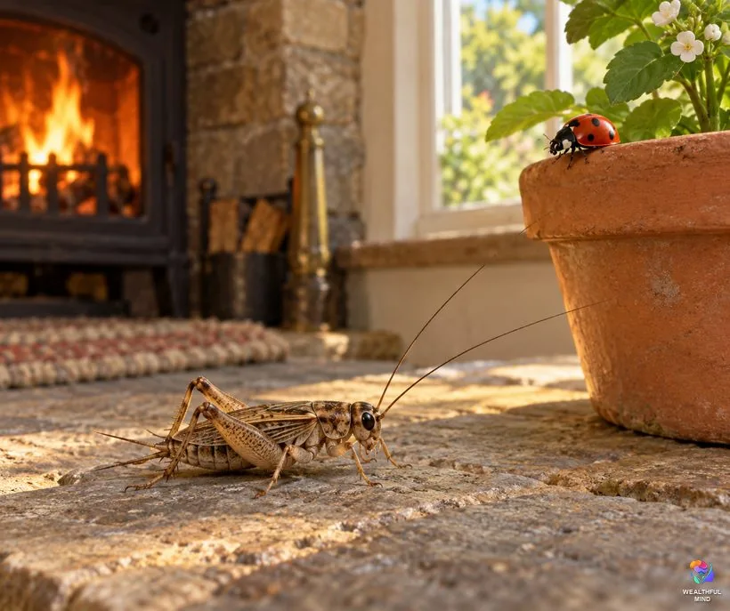 Lucky and unlucky insects: a house cricket on a warm stone hearth and a ladybug on a flowerpot in a cosy cottage
