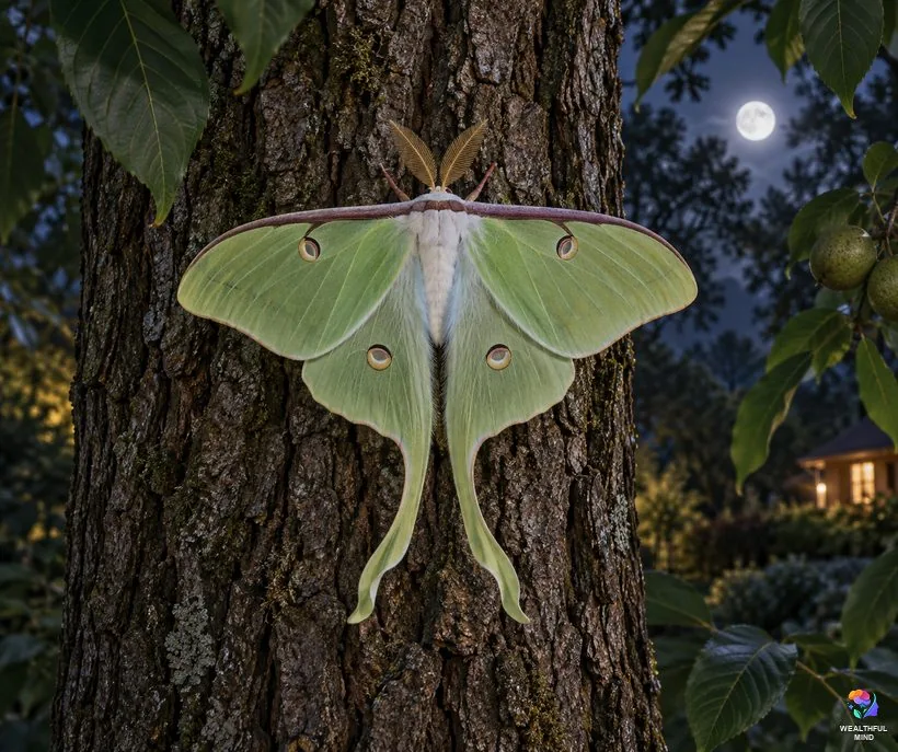 Luna moth meaning: a pale green luna moth with long tails resting on tree bark in moonlight