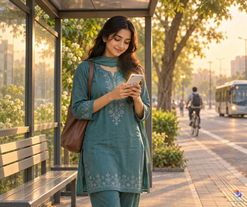 Manifesting a text from a crush or an ex: a young woman at a bus stop looking hopefully at her glowing phone