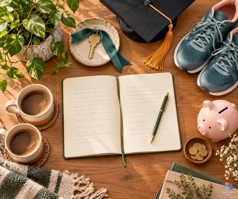 Manifestation examples for home, school, health, friendship and money shown as small objects around an open notebook