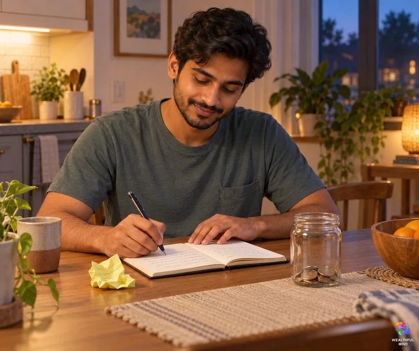 A young man turning a rough wish on a sticky note into a finished manifestation in his notebook