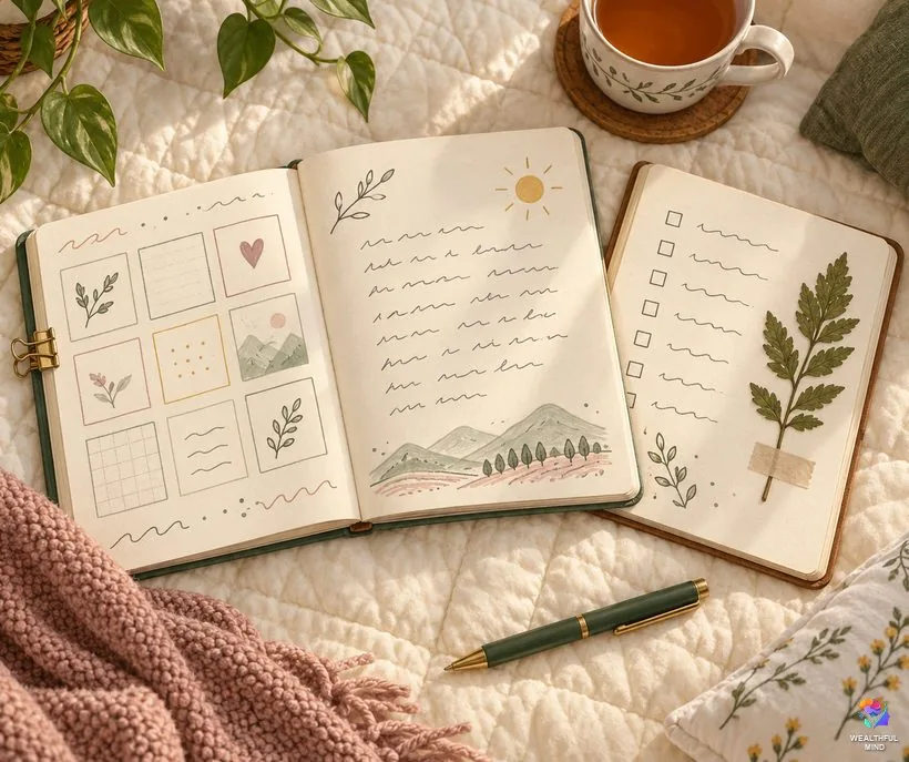 Manifestation journal examples: three filled-in journal pages laid out on a bed