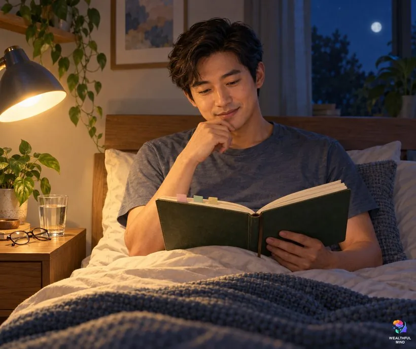 Manifestation journal reflection: a young man reading back his journal entries in bed at night