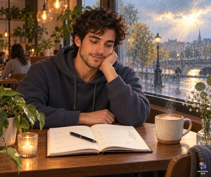 When your manifestation journal feels stuck: a young man thinking over his journal at a café table
