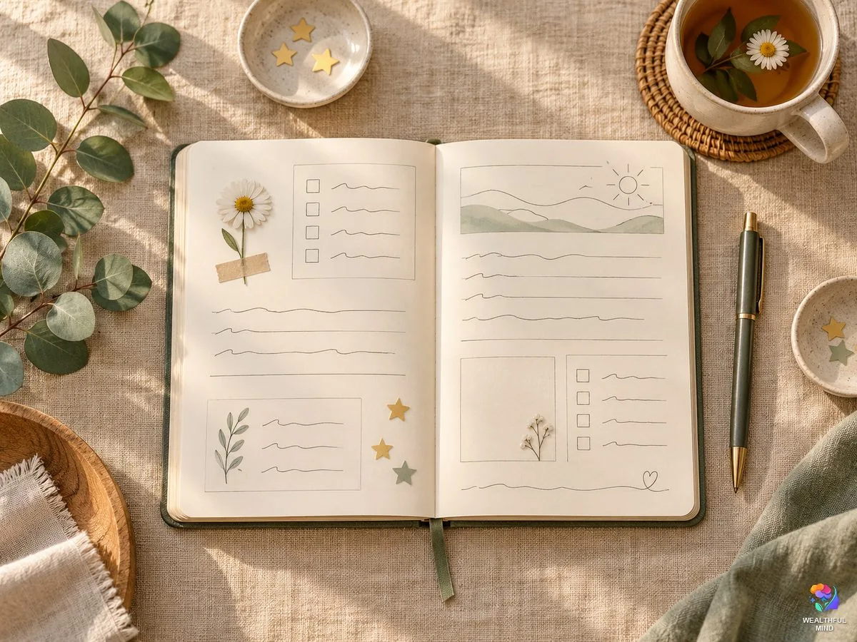 Manifestation journal template: an open journal with hand-ruled sections, a pressed flower and a cup of tea