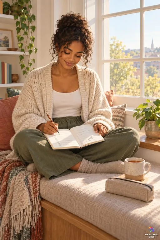 Manifestation journal template: a young woman filling in a daily journal page by a sunny window with a cup of tea