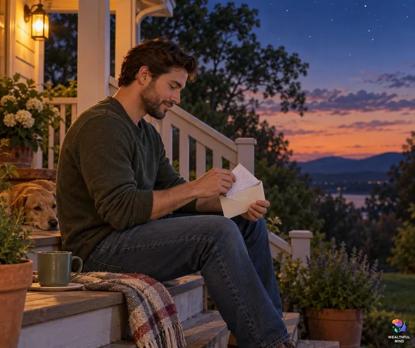 A manifestation letter to the universe: a young man folding his handwritten letter under the evening sky