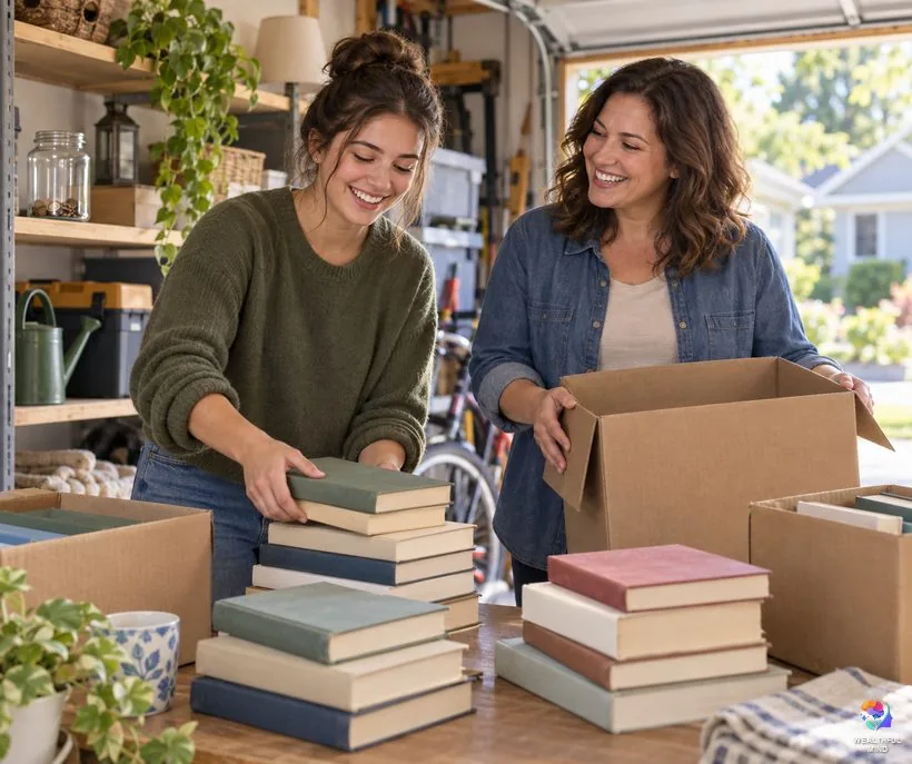 An example of manifesting money: a young woman helping her aunt sort books for a garage sale