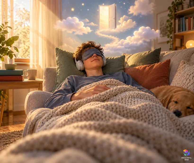 Mind awake, body asleep shifting: a relaxed teenager resting on a sofa in an eye mask as faint dream shapes drift above him