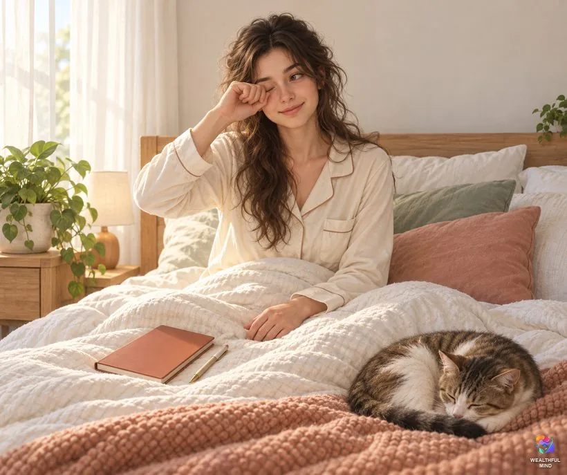 Was it a dream: a young woman sits up in morning light, wondering about a vivid visit, a notebook beside her