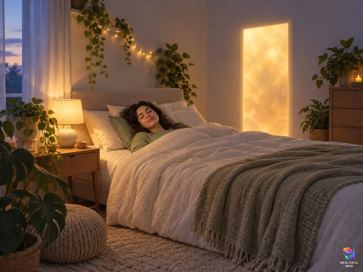 Mini shift in reality shifting: a young woman in her cosy bedroom glimpses a soft golden doorway as she drifts off