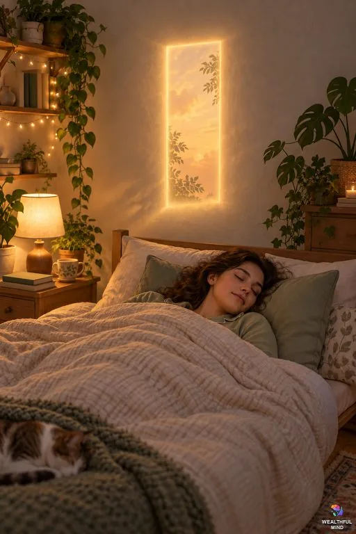 Mini shift in reality shifting: a young woman in bed at dusk glimpses a soft doorway of golden light for a moment