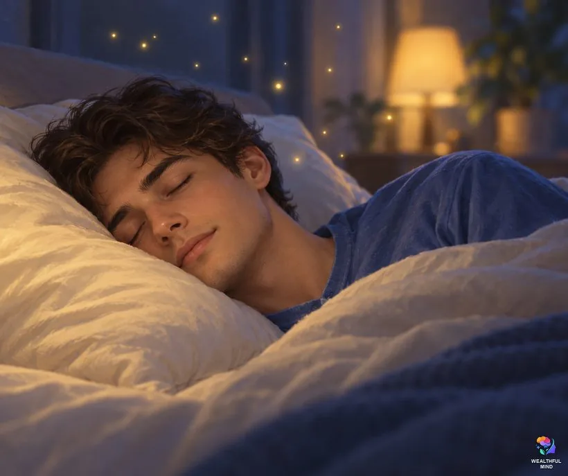 Mini shift signs: tiny flecks of warm light drift above a young man's closed eyes as he falls asleep
