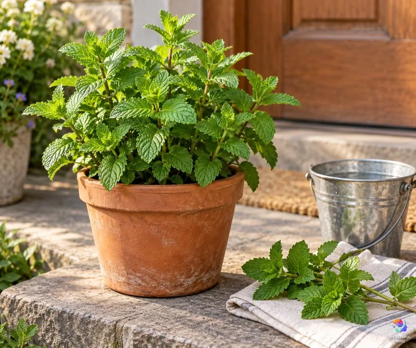 Mint for protection: a pot of fresh mint on the front step with cut sprigs beside a bucket of water