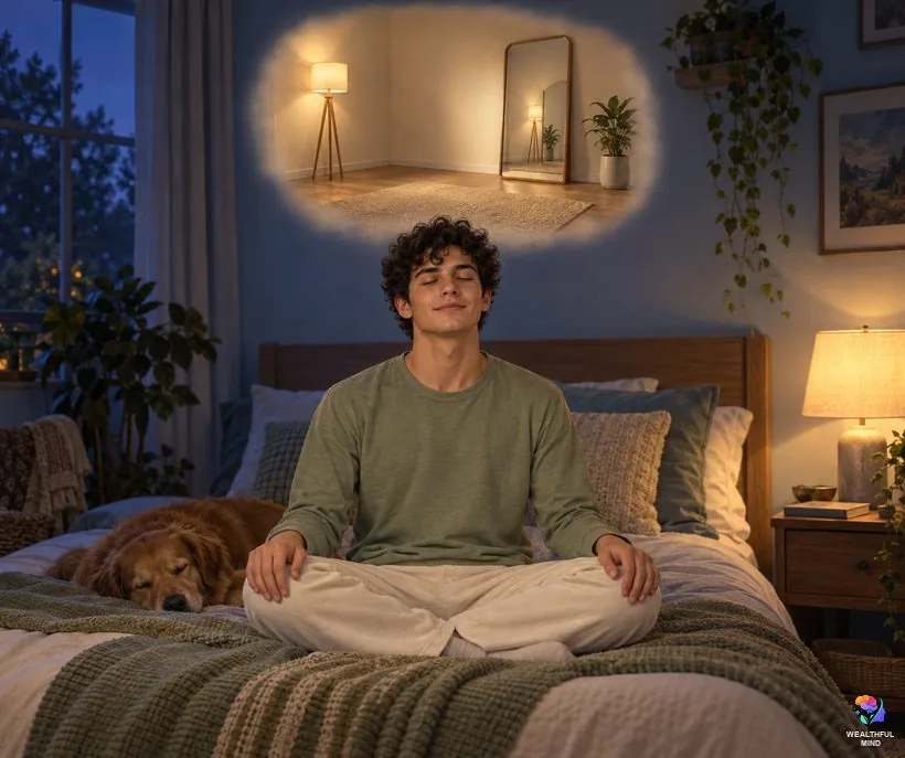 Mirror method with your eyes closed: a young man sitting on his bed picturing a softly lit room with a tall mirror