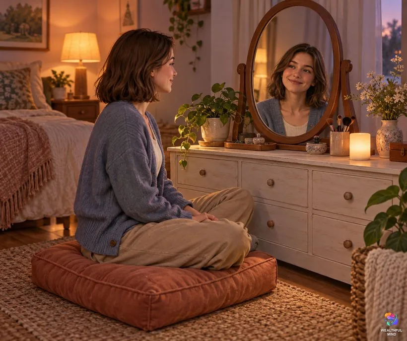 Mirror method with a real mirror: a young woman looking calmly into a dresser mirror by lamp light and a battery candle