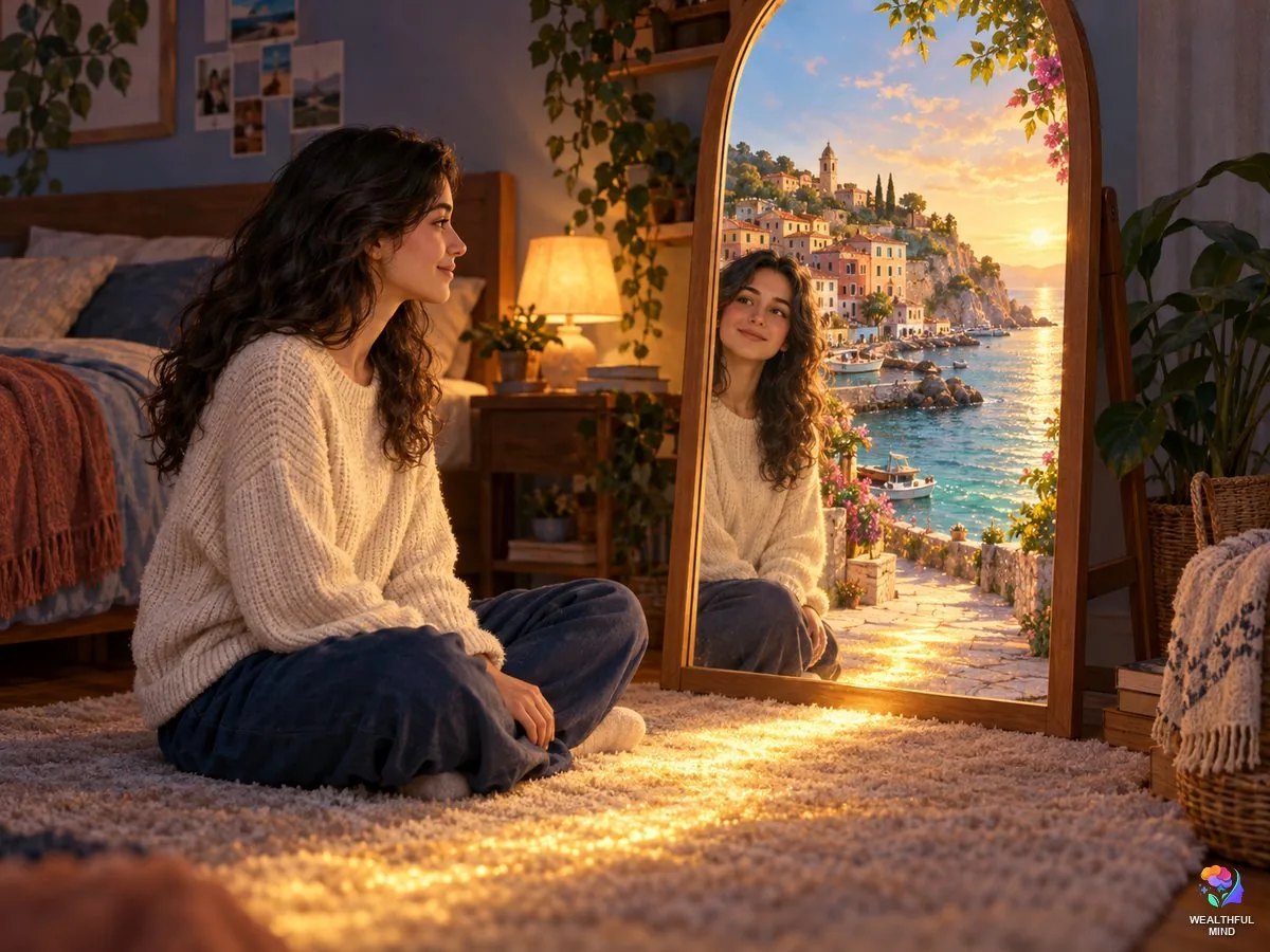 Mirror method shifting: a young woman before a tall mirror that opens like a window onto a sunny seaside town