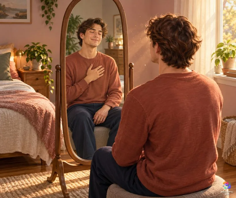 What you might feel with the mirror method: a young man smiling with his eyes closed by a mirror as soft golden light drifts around him