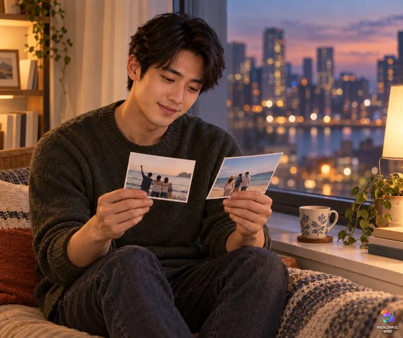 Missing who we used to be: a young man looking through old photographs by a window in the evening