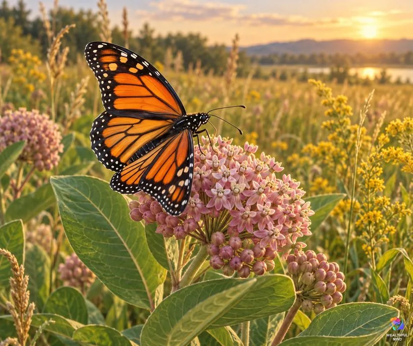 Monarch butterfly spiritual meaning: an orange and black monarch feeding on pink milkweed flowers in a sunny meadow