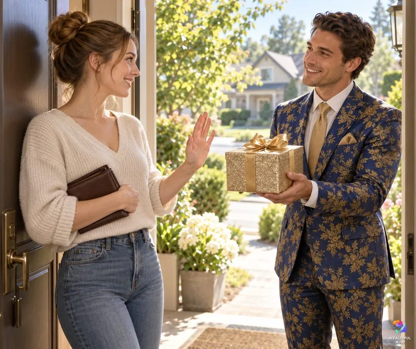 Money block clearing scams: a young woman saying no to a stranger selling a glittering box that promises money
