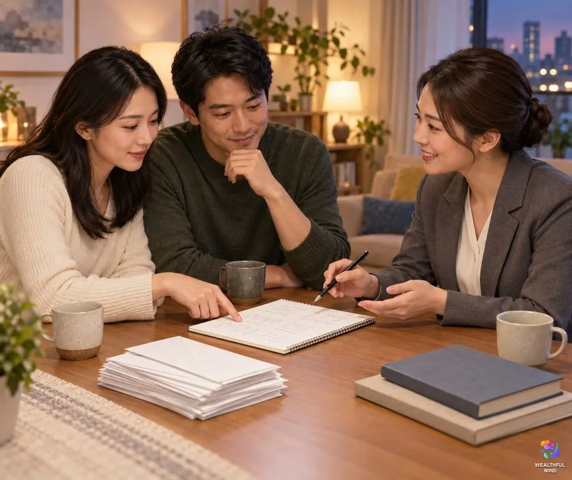 Money block or real money problem: a young couple making a practical money plan with a friendly adviser