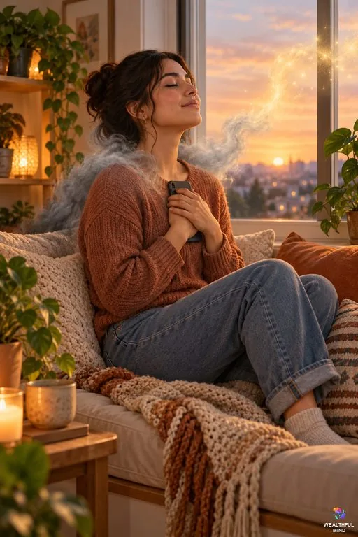 Money blocks: a young woman taking a calm breath before checking her money as a grey knot of worry drifts away