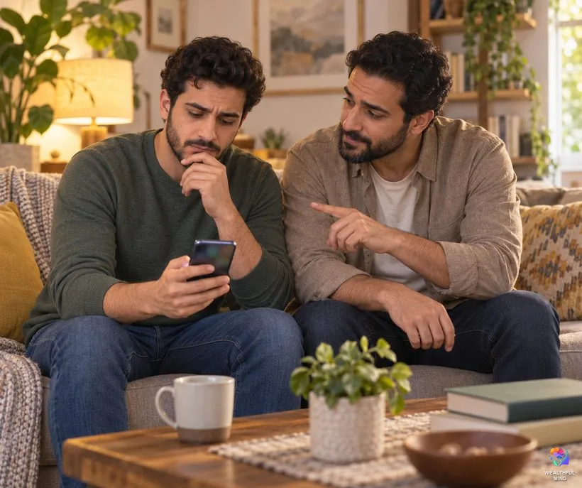 Money manifestation scams: a young man checks a suspicious offer on his phone with a friend