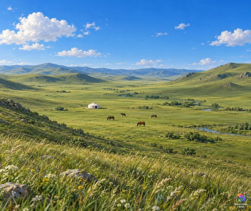 Mongolian birthmark myths: the open Mongolian steppe under a vast blue sky with a white ger far away