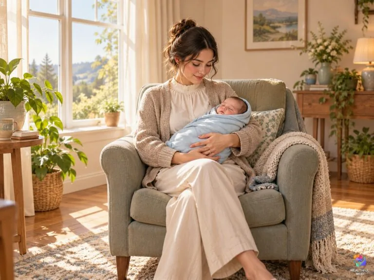 Mongolian spot spiritual meaning: a young mother by a sunny window holding her newborn wrapped in blue