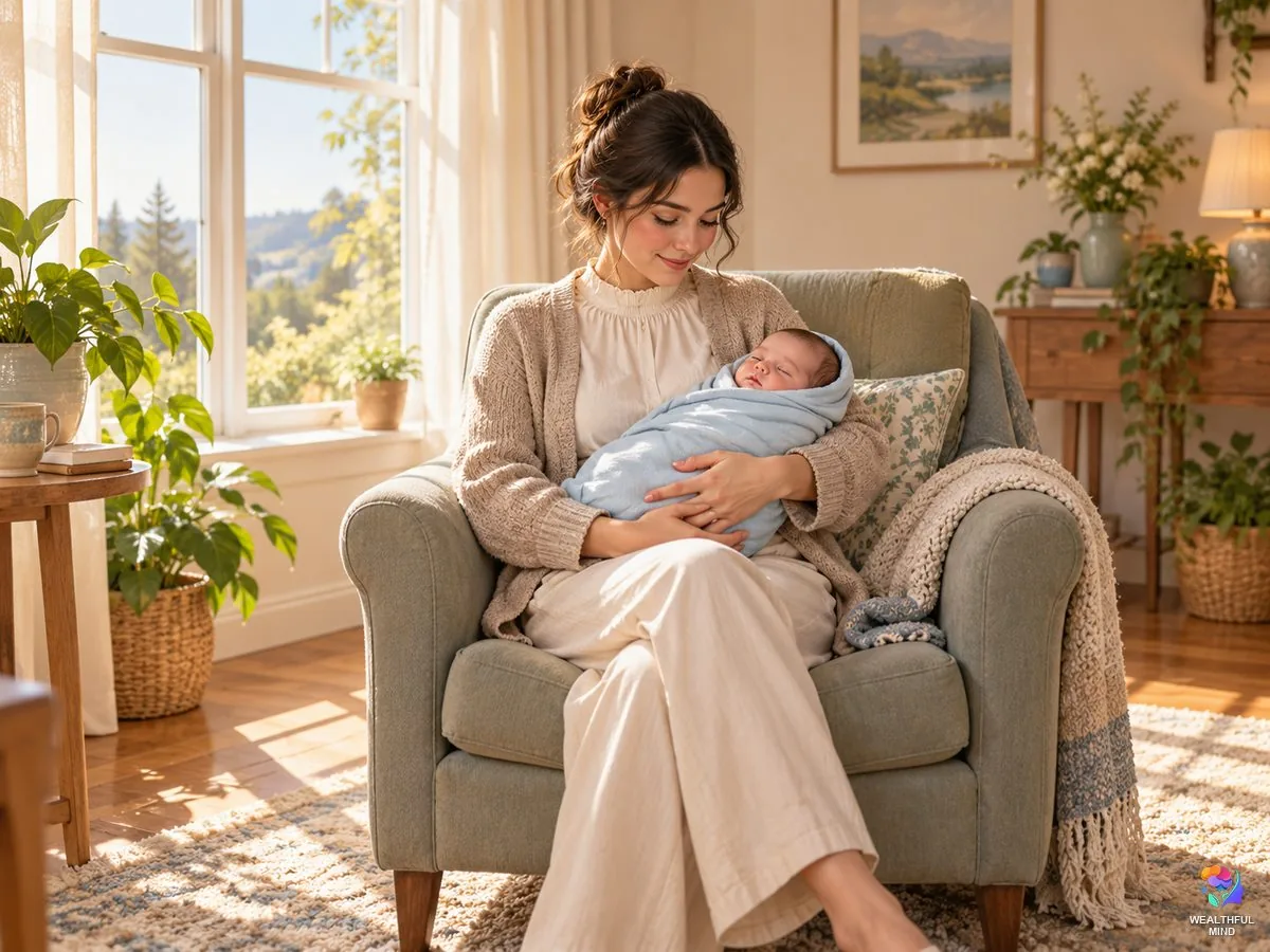 Mongolian spot spiritual meaning: a young mother by a sunny window holding her newborn wrapped in blue