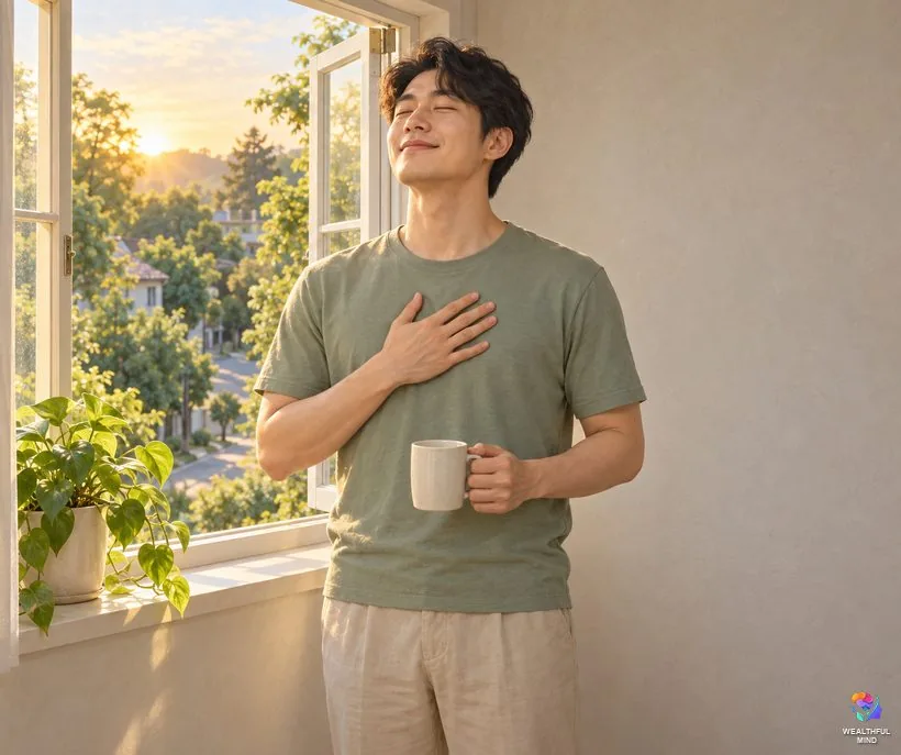 Morning prayer to the universe: a young man at a sunlit window, hand on his chest, giving thanks for the new day