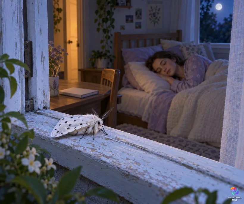 Moth in a dream: a white ermine moth on a moonlit window frame as a young woman sleeps peacefully